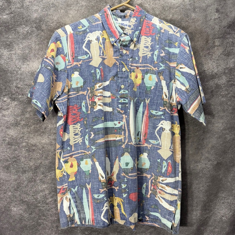 VTG Reyn Spooner Kloth Fish Squid Octopus Popover Hawaiian Shirt M Reverse Print
